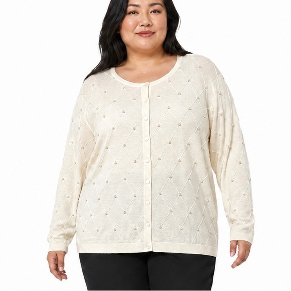 Talbots Cardigan Cotton Cashmere Ivory Faux Pearl Preppy Coastal Women 3X NEW